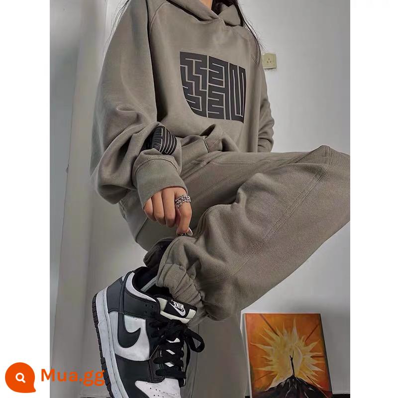 Mỹ Retro Muối Áo Bộ Đồ Thể Thao Nữ Mùa Thu Rời Hoodie Thời Trang Quốc Gia Xu Hướng 2 Ins - Bộ hai mảnh màu xám