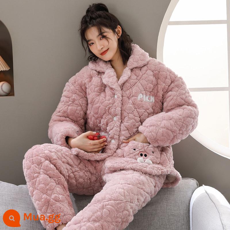 Flannel ba lớp đệm dày đồ ngủ mùa đông của phụ nữ cộng với nhung lông cừu san hô dễ thương mùa đông đệm bông áo khoác dịch vụ gia đình bộ - 21816 màu sen