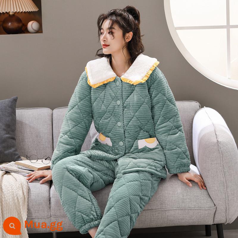 Flannel ba lớp đệm dày đồ ngủ mùa đông của phụ nữ cộng với nhung lông cừu san hô dễ thương mùa đông đệm bông áo khoác dịch vụ gia đình bộ - 21830 xanh đậm