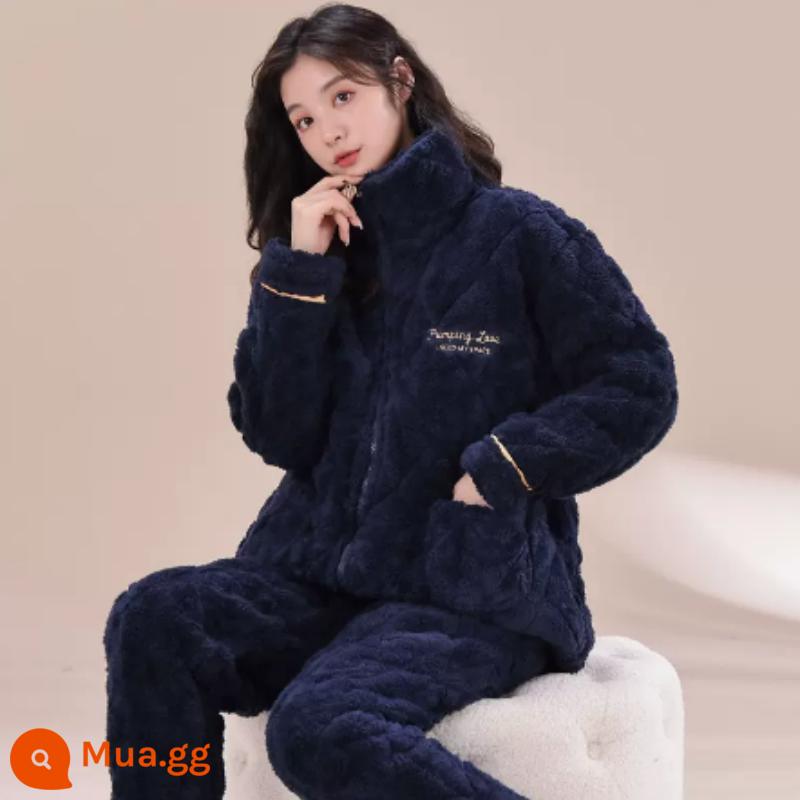 Flannel ba lớp đệm dày đồ ngủ mùa đông của phụ nữ cộng với nhung lông cừu san hô dễ thương mùa đông đệm bông áo khoác dịch vụ gia đình bộ - 322 màu xanh hải quân