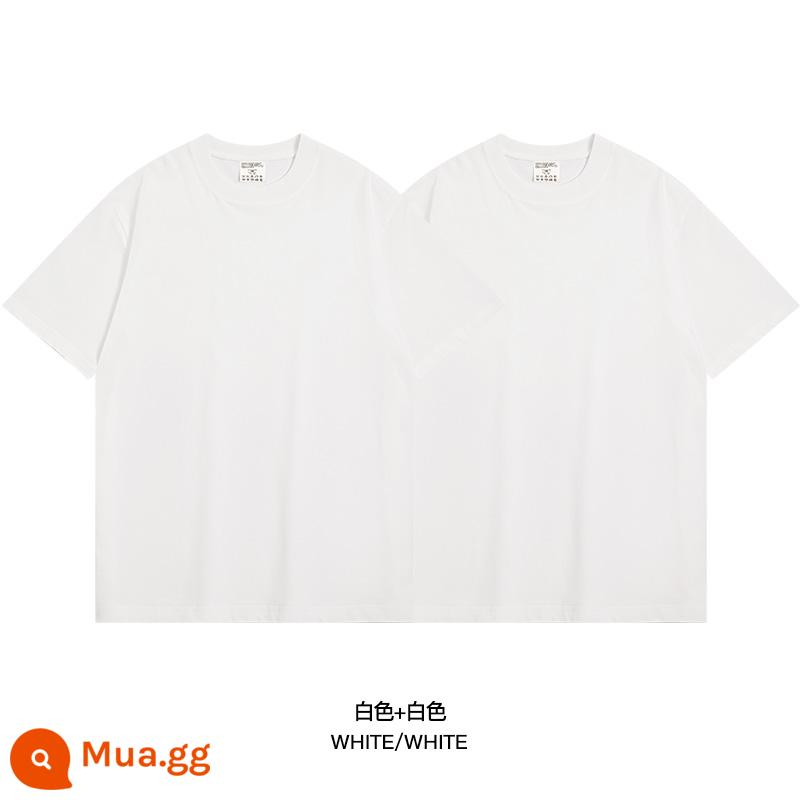 Mua một tặng một! Áo thun cotton ngắn tay màu trắng dày dặn cho nữ mùa xuân thu, cổ tròn dáng rộng, áo dài đáy quần - [Bộ 2 món ngắn tay❤️265G hơi rộng] Trắng Ngà + Trắng Ngà