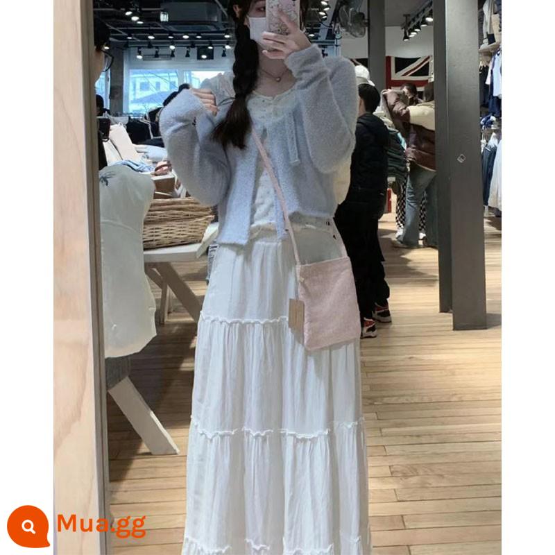 OOTD BM nữ Ouyang Nana cùng kiểu váy lưng cao váy lizzy xù váy chữ A váy ô - Trắng (95cm)