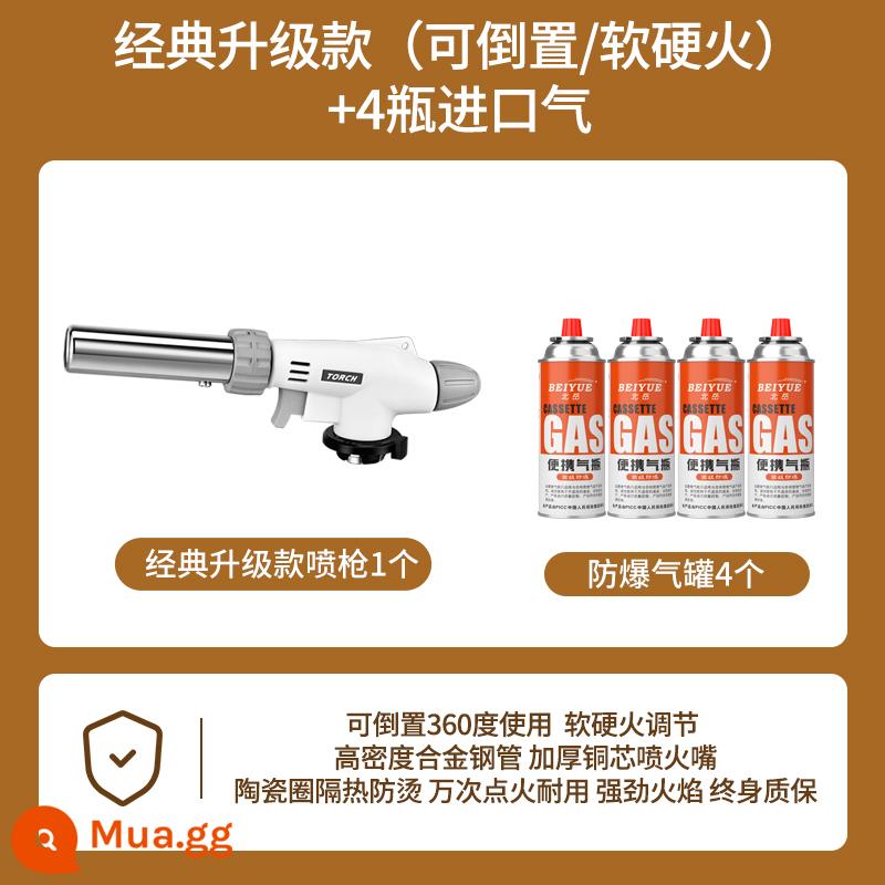 Súng phun phun lửa rang súng hộ gia đình súng phun lửa đốt tóc lợn đánh lửa súng nướng thẻ hàn súng cầm tay súng phun lửa - Model nâng cấp cổ điển (có thể đảo ngược/lửa mềm và cứng) + 4 bình gas nhập khẩu.