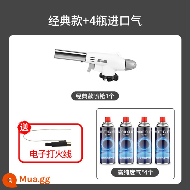 Súng phun singeing hộ gia đình dạng thẻ bình khí hóa lỏng súng phun lửa cầm tay điểm bật lửa đèn phun nướng đầu mỏ hàn - Model classic + 4 bình gas nhập khẩu (có dây đánh lửa đi kèm)