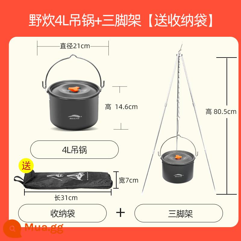 Nồi ngoài trời, dụng cụ nấu cắm trại, nước sôi, ấm trà, chảo rán, bếp di động ngoài trời, bộ đồ ăn cắm trại, bộ đồ dùng nồi - Nồi treo dã ngoại 4L + chân máy [có túi đựng]