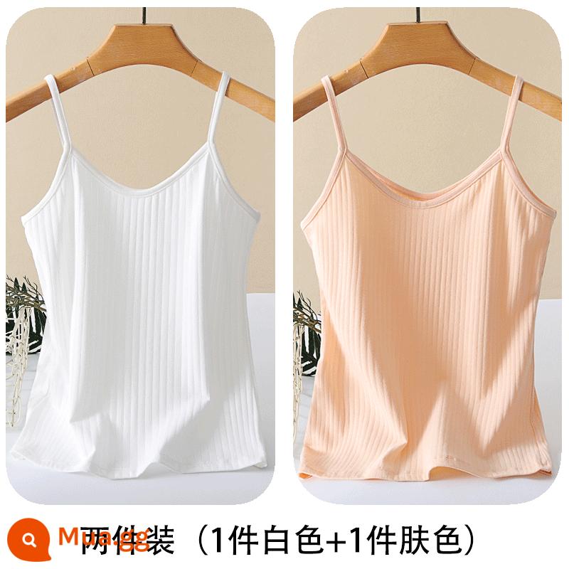 Áo yếm nhỏ cơ bản mùa hè cotton nguyên chất chống thấm dành cho nữ có dây đai đáy chống lộ màu đen cỡ lớn - Trắng + màu da (2 gói)