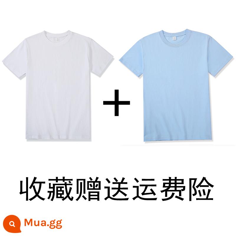 (Mua một tặng một) 200g cotton Tân Cương nặng bông cổ tròn đáy Áo thun ngắn tay áo thun rộng mùa hè nam nữ - trắng + xanh sữa