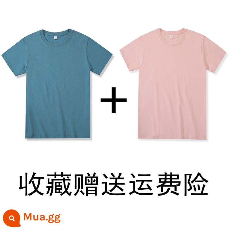 (Mua một tặng một) 200g cotton Tân Cương nặng bông cổ tròn đáy Áo thun ngắn tay áo thun rộng mùa hè nam nữ - Xanh lam + hồng