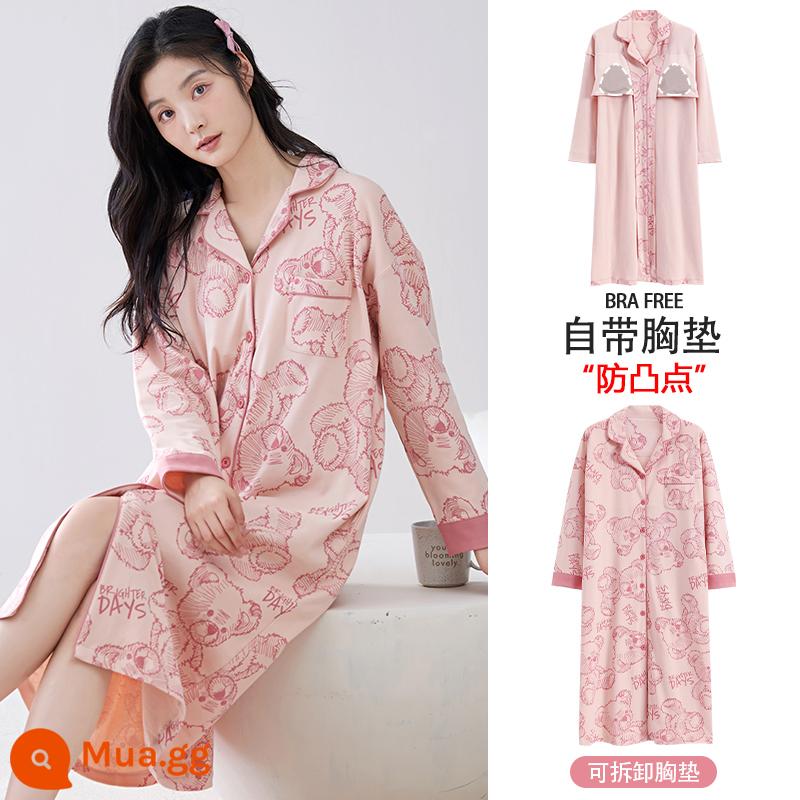 Bộ đồ ngủ cho nữ, mùa xuân thu, cotton nguyên chất dài tay có miếng đệm ngực, bộ đồ ngủ mùa thu cho bà mẹ tương lai, mẫu mùa xuân mới 2024 của phụ nữ - ZX:8867 Gấu hồng toàn gấu Anh