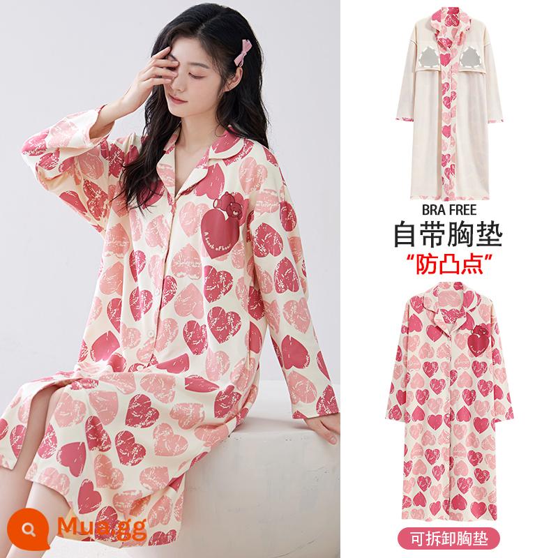 Bộ đồ ngủ cho nữ, mùa xuân thu, cotton nguyên chất dài tay có miếng đệm ngực, bộ đồ ngủ mùa thu cho bà mẹ tương lai, mẫu mùa xuân mới 2024 của phụ nữ - ZX:8868 Gấu mai phủ trái tim hồng