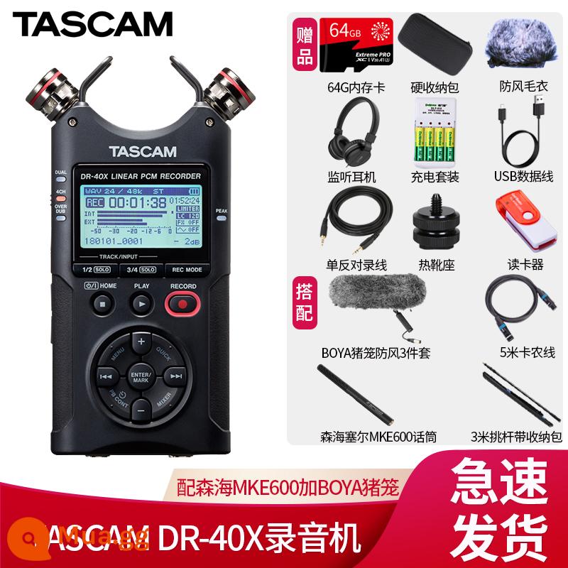 Tascam Ghi Pen DR-40X DR40X Trình trộn ghi âm nội bộ Ghi âm cơ hội Phỏng vấn Lớp học Ghi âm lớp học - Trang bị kính chắn gió chuồng heo Sennheiser MKE600 plus BOYA