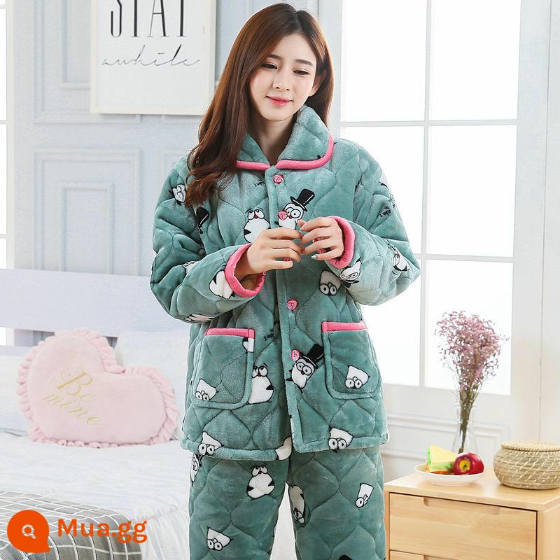 Bộ đồ ngủ nữ mùa đông lông cừu san hô dày và nhung Bộ đồ ngủ cotton ba lớp flannel phục vụ tại nhà áo khoác bông mùa đông ngọt ngào - chim cánh cụt xanh