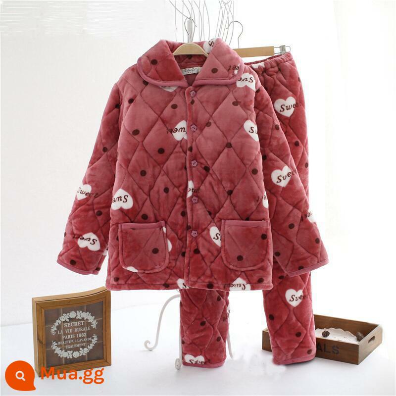 Bộ đồ ngủ nữ mùa đông lông cừu san hô dày và nhung Bộ đồ ngủ cotton ba lớp flannel phục vụ tại nhà áo khoác bông mùa đông ngọt ngào - dấu chấm tiếng anh