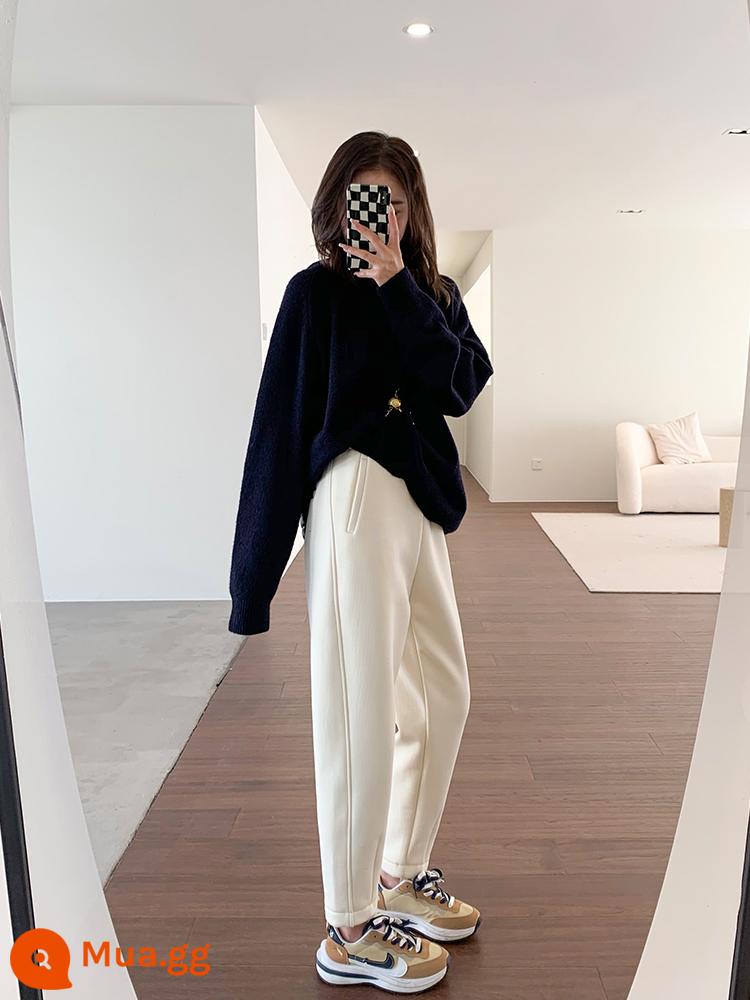 Off-white plus nhung dày giản dị quần cotton dày mùa đông của phụ nữ quần cotton rộng và mỏng quần Harem mềm mại và ấm áp Luobu quần - Màu trắng nhạt (mùa xuân và mùa thu)