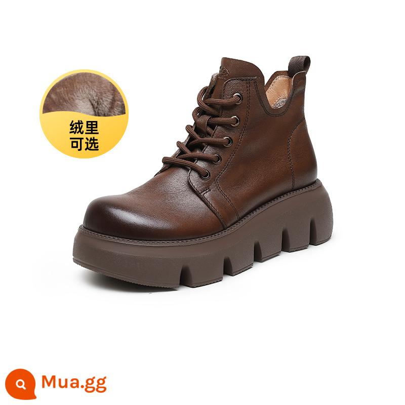 Giày Nữ Camel 2023 Mùa Thu Đông Mới Giày Bốt Martin Đế Dày Nữ Da Thật Tăng Chiều Cao Nhung Dày Gót Giày Boot Cổ Ngắn - LF22245138R, màu nâu, lót nhung