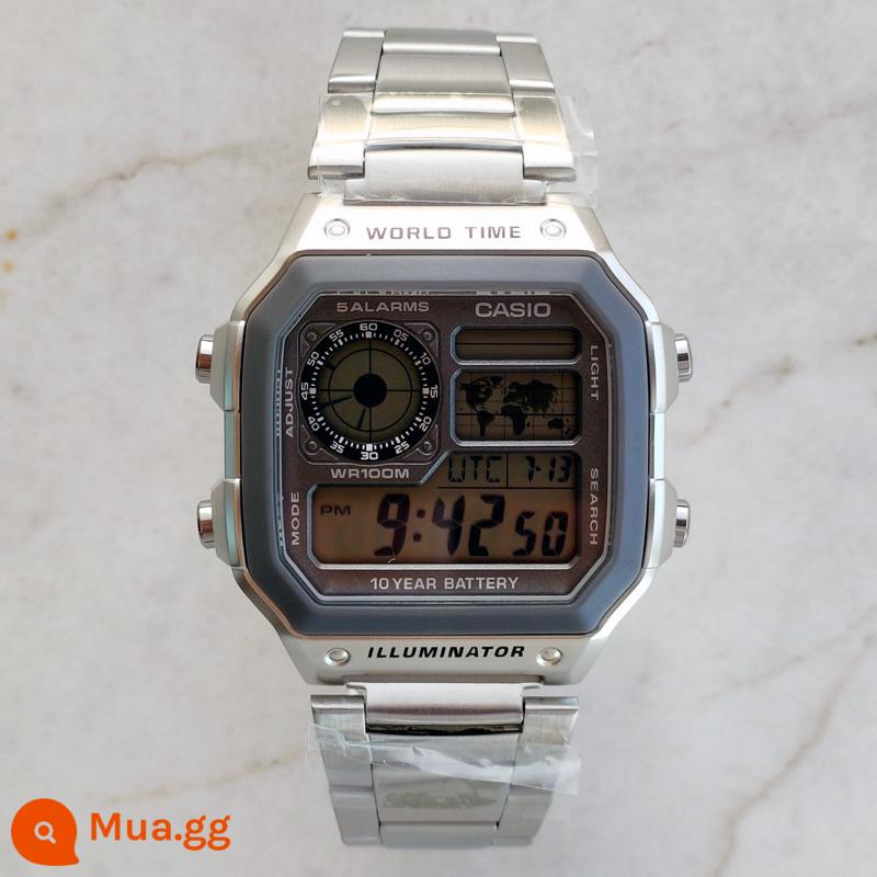 Đồng hồ Casio nam CASIO AE-1200WHD-1A dây thép retro đồng hồ điện tử học sinh chống nước đa năng - Khay màu xám đai thép AE-1200WHD-7A đi kèm phim