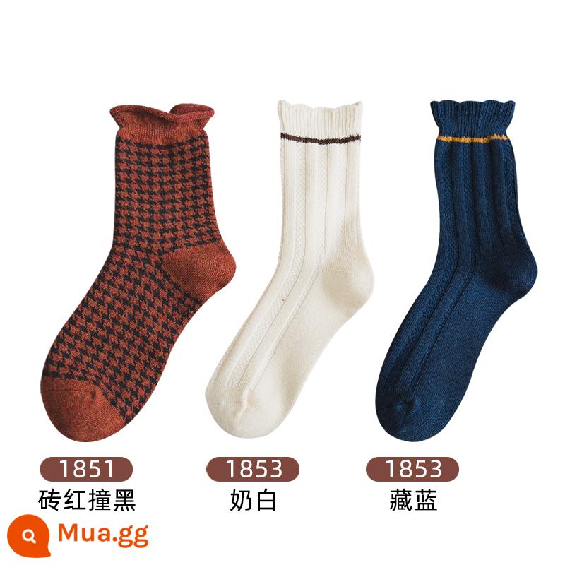 Vớ len trẻ em vào tất cả mùa thu và mùa đông bong bóng tất cashmere trong vớ mùa đông trắng cộng với vớ đặc bằng nhung dày - B13-17 1851 đỏ gạch và đen + 1853 trắng sữa + xanh navy 3 đôi