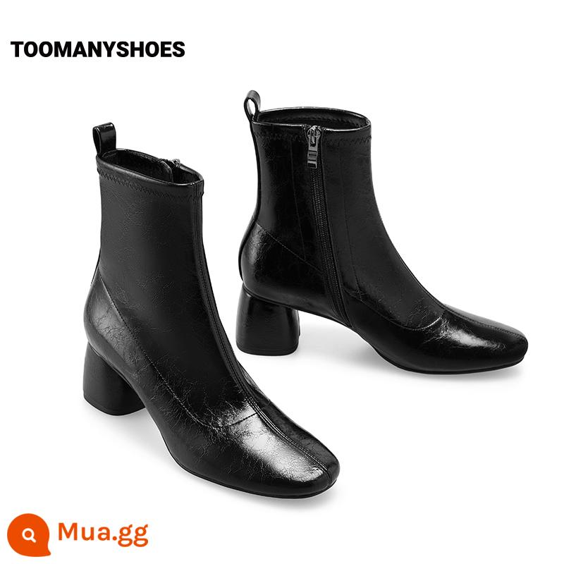 Toomanyshoes Giày thì thầm mũi tròn bốt ngắn dày cao gót bằng sáng chế da ống khói Giày giữa bắp chân giày bốt mỏng dành cho nữ - đen