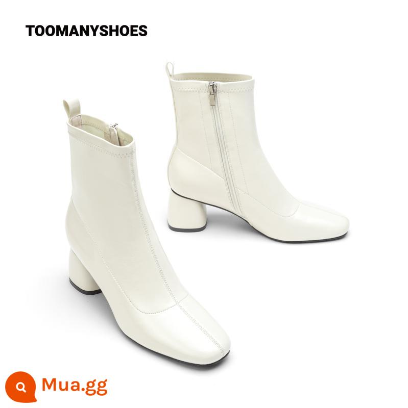 Toomanyshoes Giày thì thầm mũi tròn bốt ngắn dày cao gót bằng sáng chế da ống khói Giày giữa bắp chân giày bốt mỏng dành cho nữ - Trắng