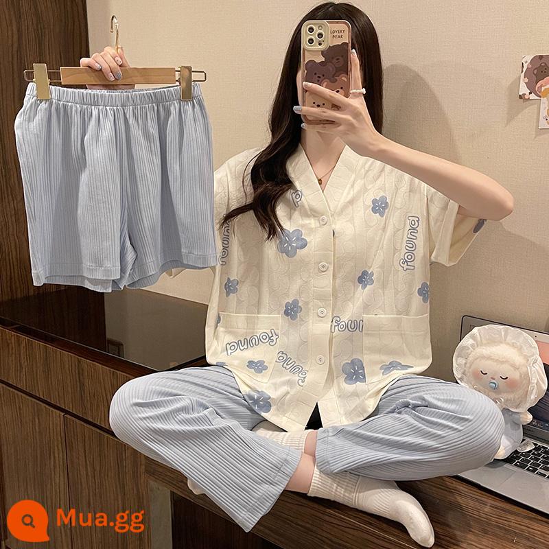 Mùa hè mới bộ đồ ngủ hoạt hình ngọt ngào cho bé gái Bộ đồ ba mảnh 2022 cotton nguyên chất ngắn tay phục vụ tại nhà cao cấp - Bộ ba mảnh hoa nhỏ 7344LA màu xanh