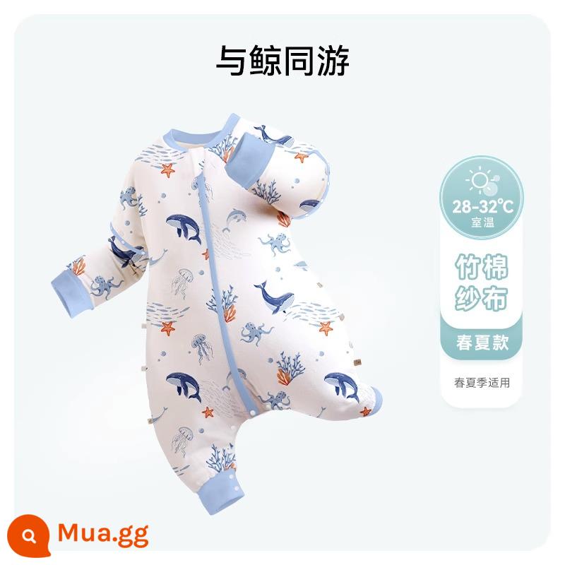 ibaby nhiệt độ không đổi tre cotton gạc cho bé chia chân túi ngủ cho trẻ sơ sinh chống đá túi ngủ mùa xuân và mùa thu đồ ngủ cho bé mỏng - [Hai lớp sợi chống cắn] Bơi cùng cá voi