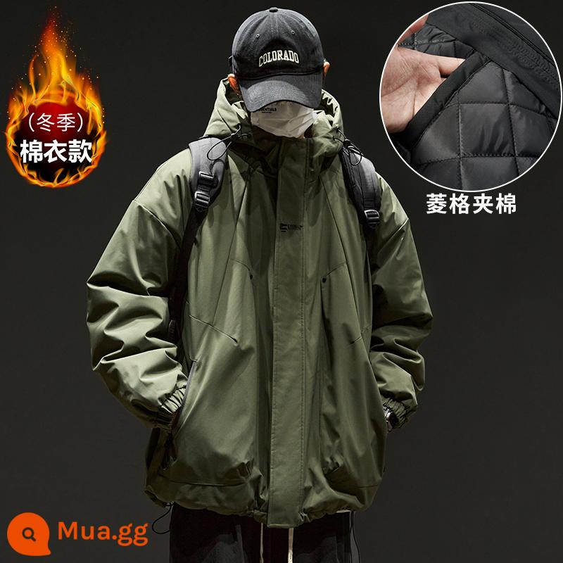 Quần áo bảo hộ lao động nam áo khoác cotton, áo khoác nam có mũ dày mùa đông, áo jacket, áo khoác cotton ấm áp cho bé trai, quần áo mùa đông size lớn - Màu xanh lá cây đậm