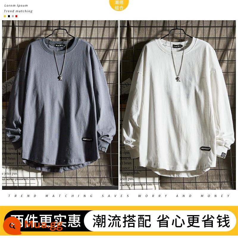 Áo thun nam cotton dày cổ tròn mùa xuân và mùa thu với áo sơ mi có đáy màu trắng quần áo bé trai áo thun dài tay cotton nguyên chất áo mùa xuân cho nam - Trắng + xanh xám [phong cách thường ngày mùa xuân và mùa thu]