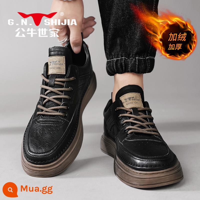 Bull Family Giày Nam Mùa Thu Đông 2022 Mới Plus Nhung Cotton Giày Da Thường Nam Giày Sneaker Da Xu Hướng - lông cừu đen