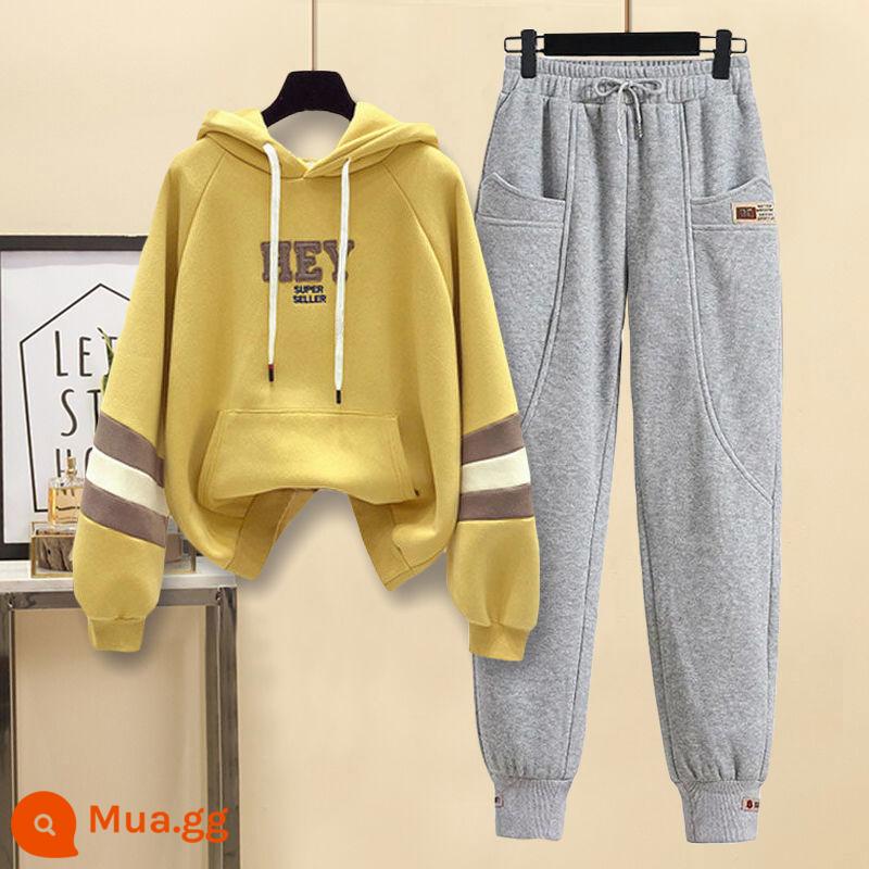 Thời Trang Bộ Đồ Thể Thao Nữ 2022 Mới Mùa Thu Đông Sang Trọng Trang Dày Hoodie Có Chân Và Quần 2 Bộ - Áo vàng + quần xám