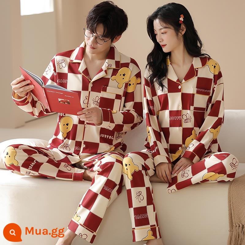 Cặp đôi đồ ngủ mùa xuân và mùa thu áo khoác cardigan cotton nguyên chất hoạt hình có thể mặc bên ngoài cho nam và nữ Bộ đồ phục vụ tại nhà bằng cotton mùa thu đông - TSM962