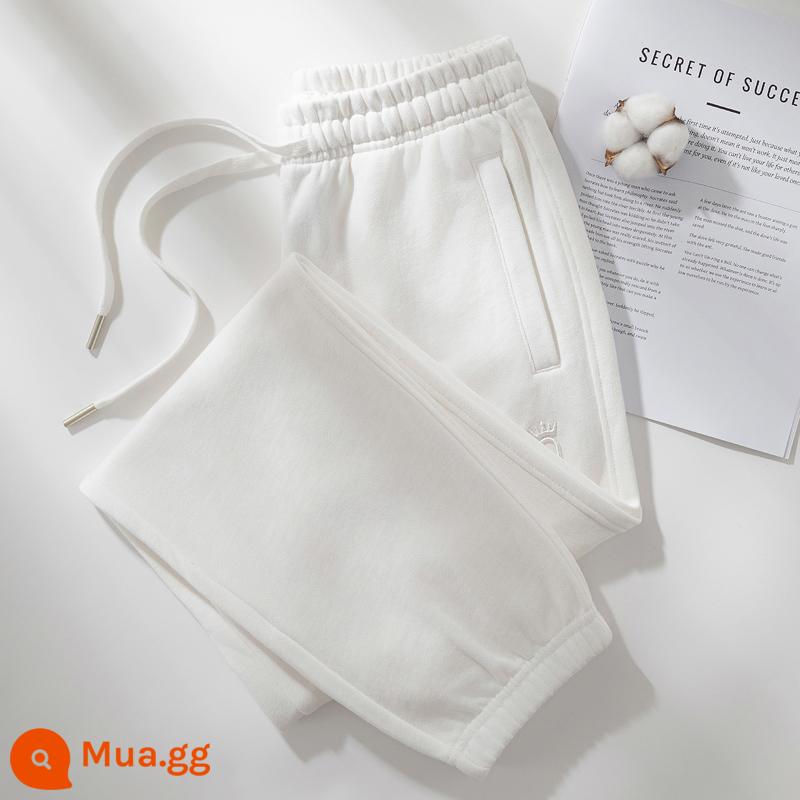 Quần cotton thể thao nữ xuân thu 2024 mới màu xám nhạt cotton cỡ lớn thường ngày mùa đông nhung quần legging dài thấm hút mồ hôi - Trắng (quần xuân thu)