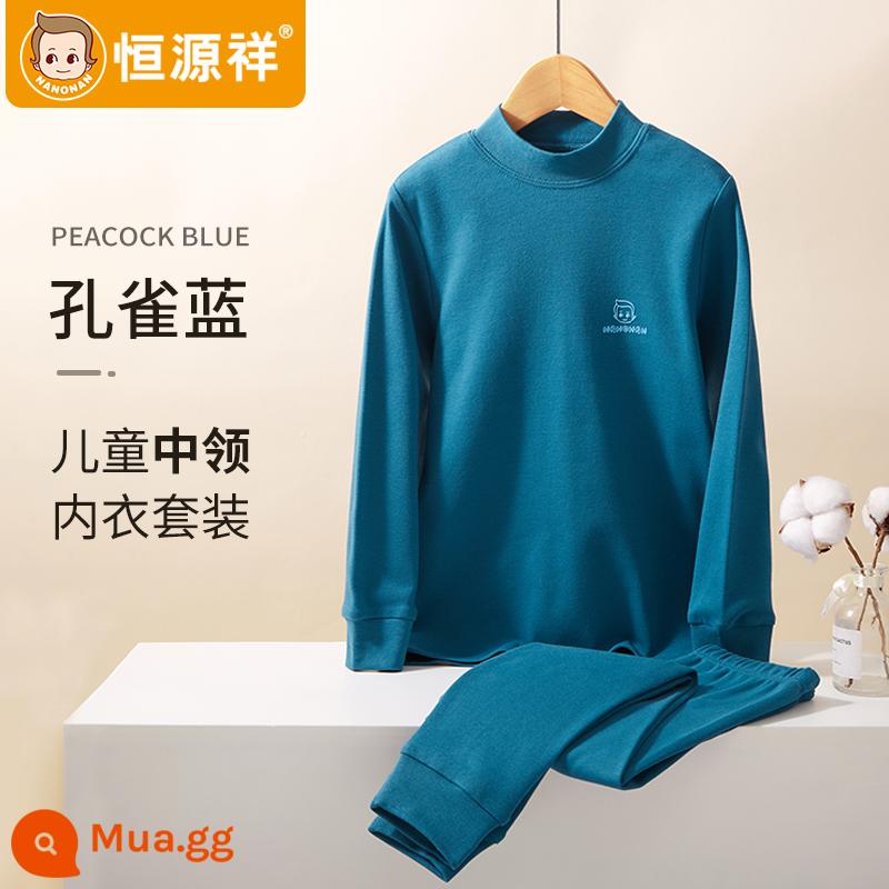 Bộ quần áo mùa thu và quần vệ sinh bé trai Hengyuanxiang Bộ quần áo cotton nguyên chất cho trẻ em Quần lót bé trai trẻ trung và lớn 2023 Áo len cotton mới - Chàng trai cổ trung màu xanh dương