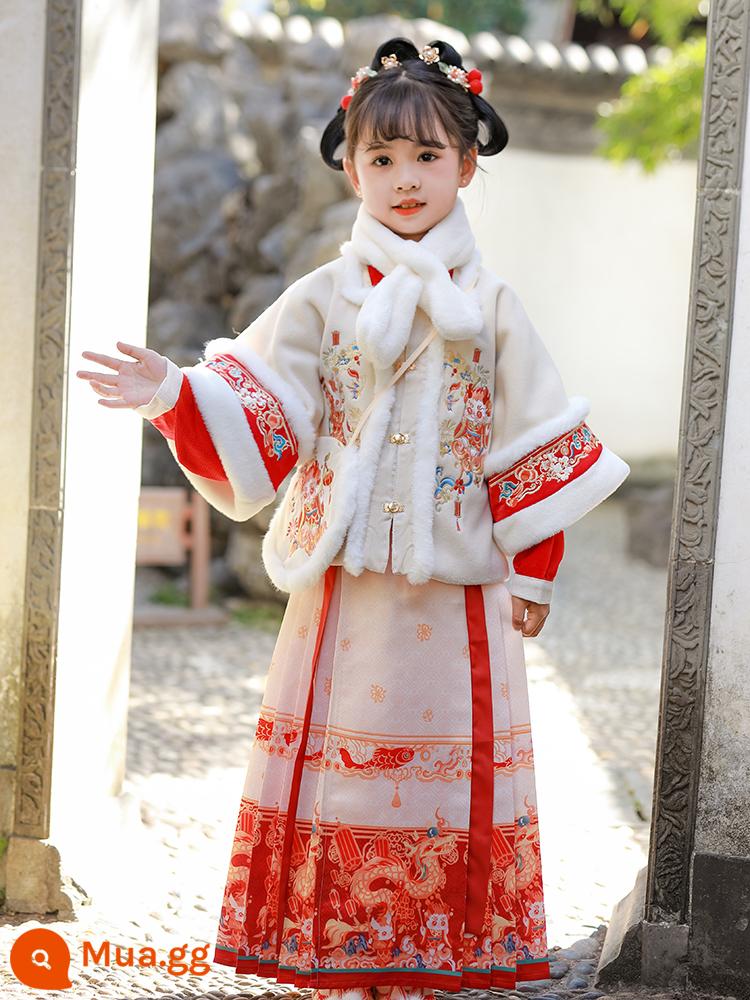 Áo choàng bé gái áo choàng mùa đông Hanfu bé cộng với nhung dày phong cách Trung Quốc Quần áo năm mới cho trẻ em đi chơi trang phục cổ trang thu đông - Áo khoác Xianglong + áo khoác giữa + váy mặt ngựa [cổ lông miễn phí] + túi xách