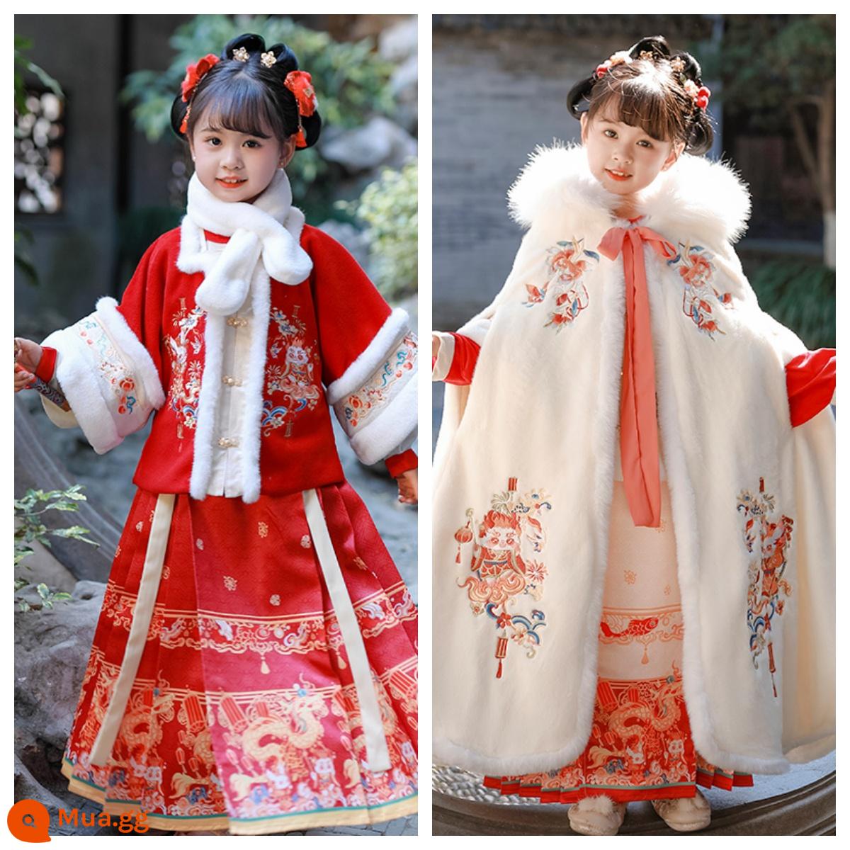 Áo choàng bé gái áo choàng mùa đông Hanfu bé cộng với nhung dày phong cách Trung Quốc Quần áo năm mới cho trẻ em đi chơi trang phục cổ trang thu đông - Bộ ba món áo khoác đỏ Xianglong + cổ lông + áo choàng Xianglong