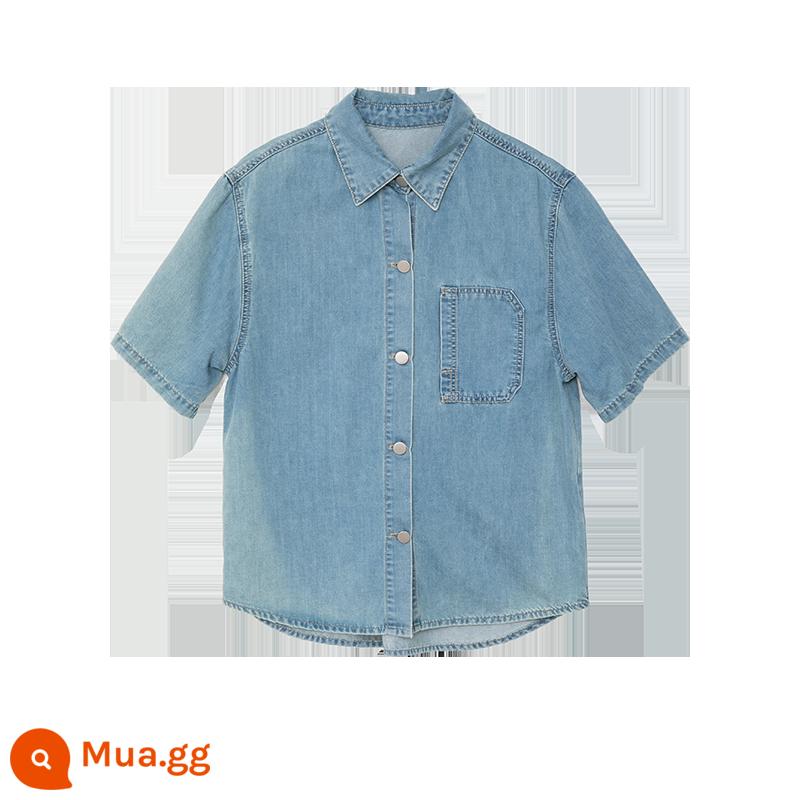 KIM CƯƠNG Cá Heo Bay Retro Rửa Sạch Màu Xanh Denim Phù Hợp Với Lưng Điện Đơn Áo Sơ Mi Màu Da Bò Váy Ngắn - Tay áo ngắn màu xanh đã giặt