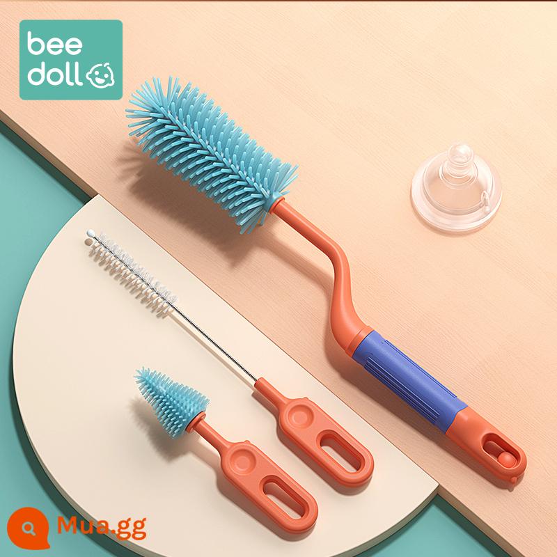 Beidou Silicone Bàn Chải Bình Sữa Cho Bé Làm Sạch Làm Mới Bé Sơ Sinh Đặc Biệt Ống Hút Núm Vú Bàn Chải Giá Đỡ Bộ Bàn Chải Vệ Sinh - Cam xanh [Bộ chim gõ kiến ​​3 món]