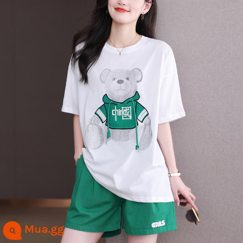 Châu Âu 2023 Ga Mùa Hè Nữ Mới Size Lớn Thể Thao Phù Hợp Với Quần Short Ngắn Tay Thời Trang 2 Bộ Đồ - màu xanh lá