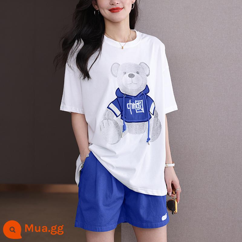 Châu Âu 2023 Ga Mùa Hè Nữ Mới Size Lớn Thể Thao Phù Hợp Với Quần Short Ngắn Tay Thời Trang 2 Bộ Đồ - màu xanh da trời