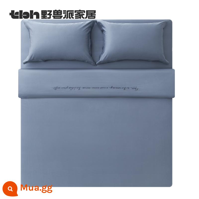 tbh Beast home bed four-piece set 80 thêu chuỗi thơ bộ chăn ga gối cotton satin Tân Cương - Bộ bốn bộ đồ giường bằng vải cotton satin thêu màu xanh nửa đêm