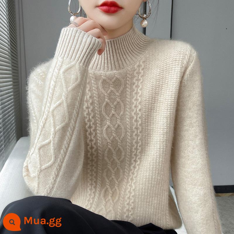 Ordos dày nữ áo len cao cổ mùa thu đông 2022 phong cách mới nổ đáy len cashmere 100 nguyên chất - Lục lam tự nhiên