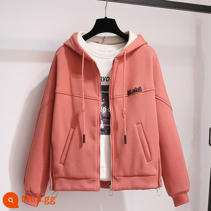 Hồng Áo Hoodie Dây Kéo Áo Len Áo Khoác Cardigan Nữ Nỉ Dày Dặn 2022 Mới Mùa Thu Đông Tay Raglan Hàng Đầu - Hồng