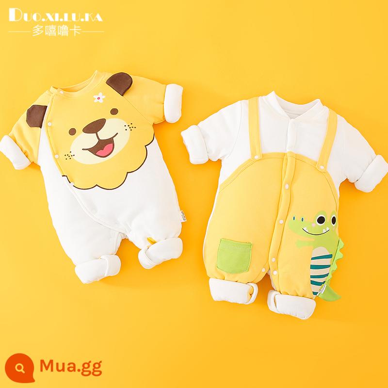 2 mảnh sơ sinh áo liền quần mùa thu đông cotton ấm quần áo dày nam bé nữ bé đi ra ngoài triều - Sư tử + cá sấu vàng