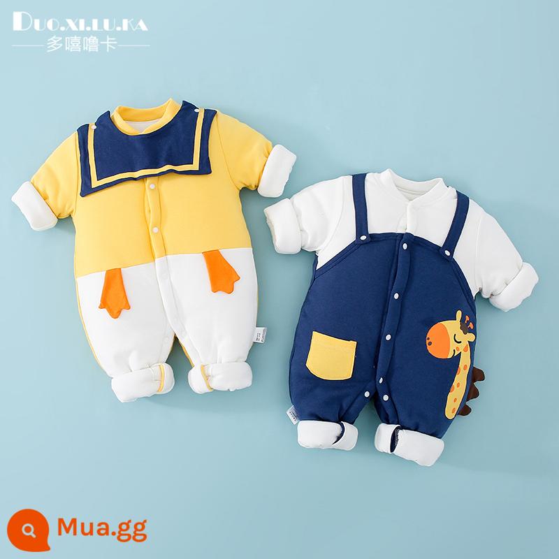 2 mảnh sơ sinh áo liền quần mùa thu đông cotton ấm quần áo dày nam bé nữ bé đi ra ngoài triều - Cổ vuông màu vàng + hươu cao cổ