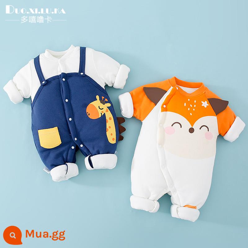 2 mảnh sơ sinh áo liền quần mùa thu đông cotton ấm quần áo dày nam bé nữ bé đi ra ngoài triều - Hươu cao cổ + cáo cam