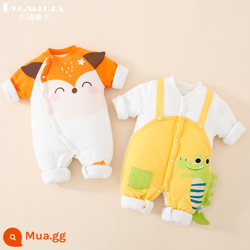 2 mảnh sơ sinh áo liền quần mùa thu đông cotton ấm quần áo dày nam bé nữ bé đi ra ngoài triều - Cáo cam + cá sấu vàng