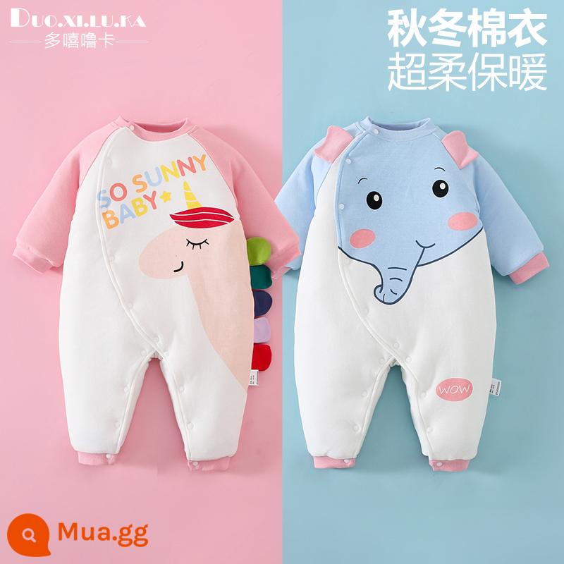 2 mảnh sơ sinh áo liền quần mùa thu đông cotton ấm quần áo dày nam bé nữ bé đi ra ngoài triều - Kỳ lân hồng + voi