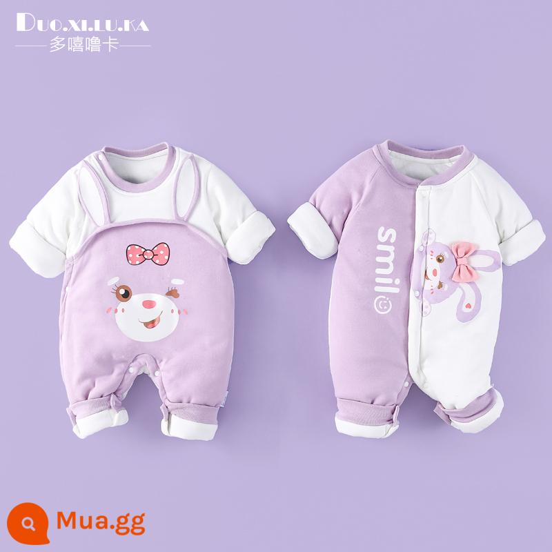 2 mảnh áo liền quần cho bé mùa đông dày ấm đệm bông sơ sinh độn áo liền quần cotton cho bé quần áo phong cách nước ngoài hợp thời trang - Gấu tím tai dài + thỏ trắng tím