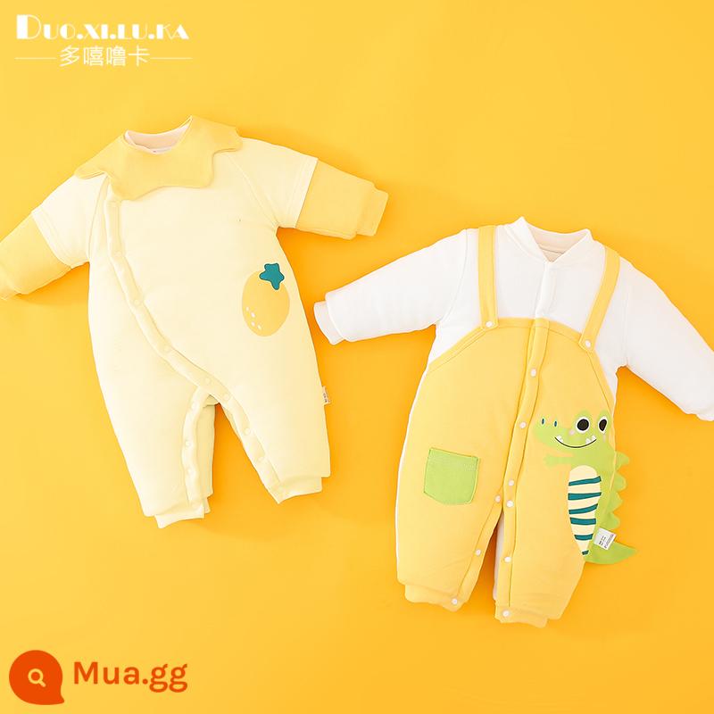 2 mảnh sơ sinh áo liền quần mùa thu đông cotton ấm quần áo dày nam bé nữ bé đi ra ngoài triều - Dâu vàng + cá sấu vàng