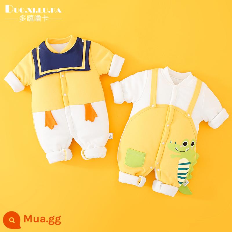 2 mảnh sơ sinh áo liền quần mùa thu đông cotton ấm quần áo dày nam bé nữ bé đi ra ngoài triều - Cổ vuông màu vàng + cá sấu màu vàng