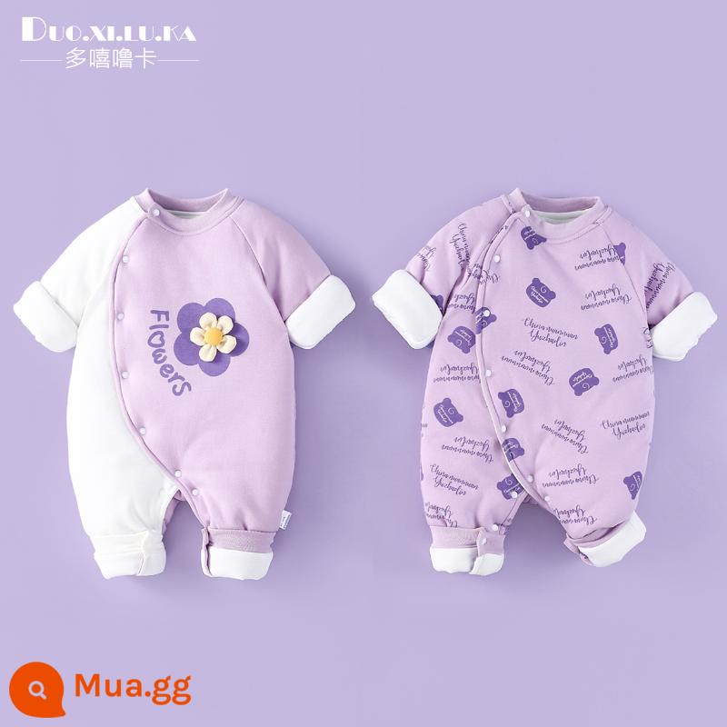 2 mảnh áo liền quần cho bé mùa đông dày ấm đệm bông sơ sinh độn áo liền quần cotton cho bé quần áo phong cách nước ngoài hợp thời trang - Hoa tím trắng + đầu gấu tím